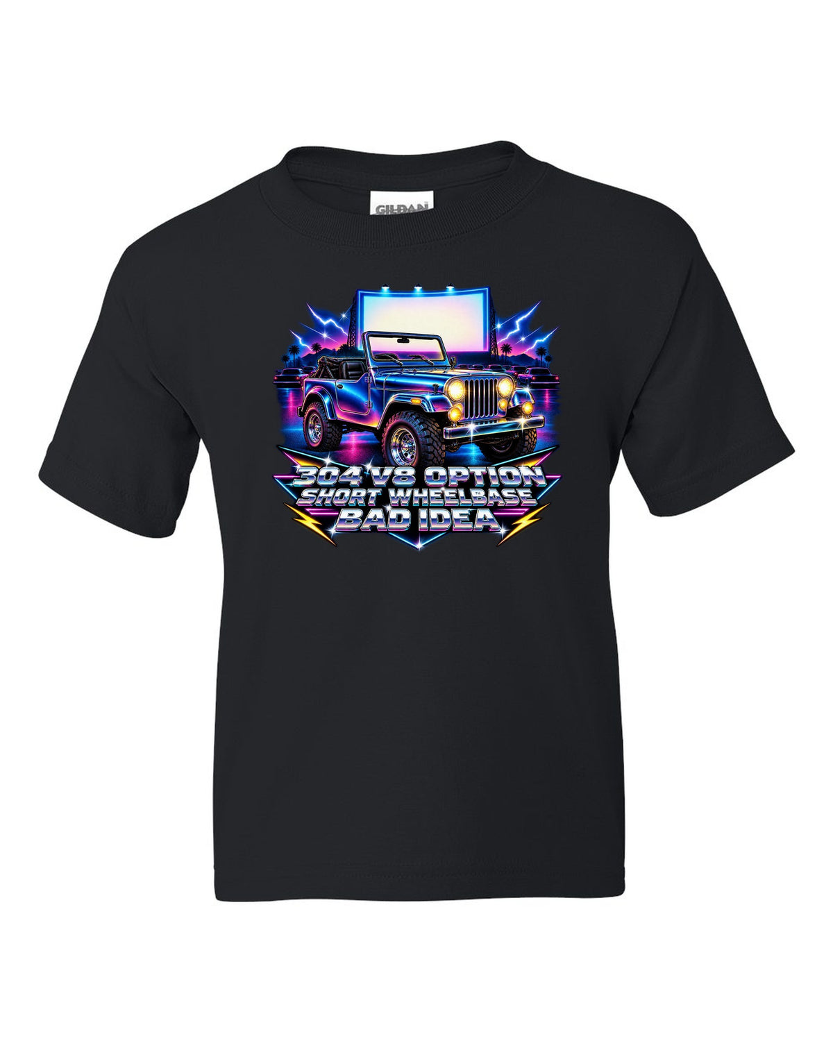 80s airbrush chrome print of a Jeep CJ-5 with 304 V8 option text black kids tee front view with the design