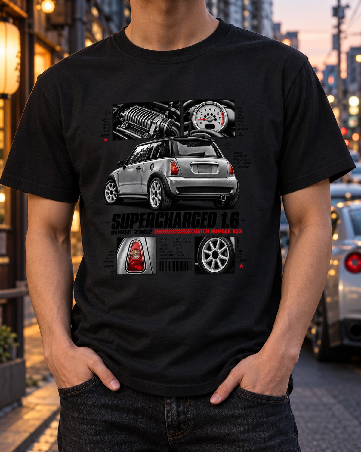 Mini Cooper S R53 Dossier Sheet Shirt, Supercharged Hatch Tee T-Shirt Black worn hero