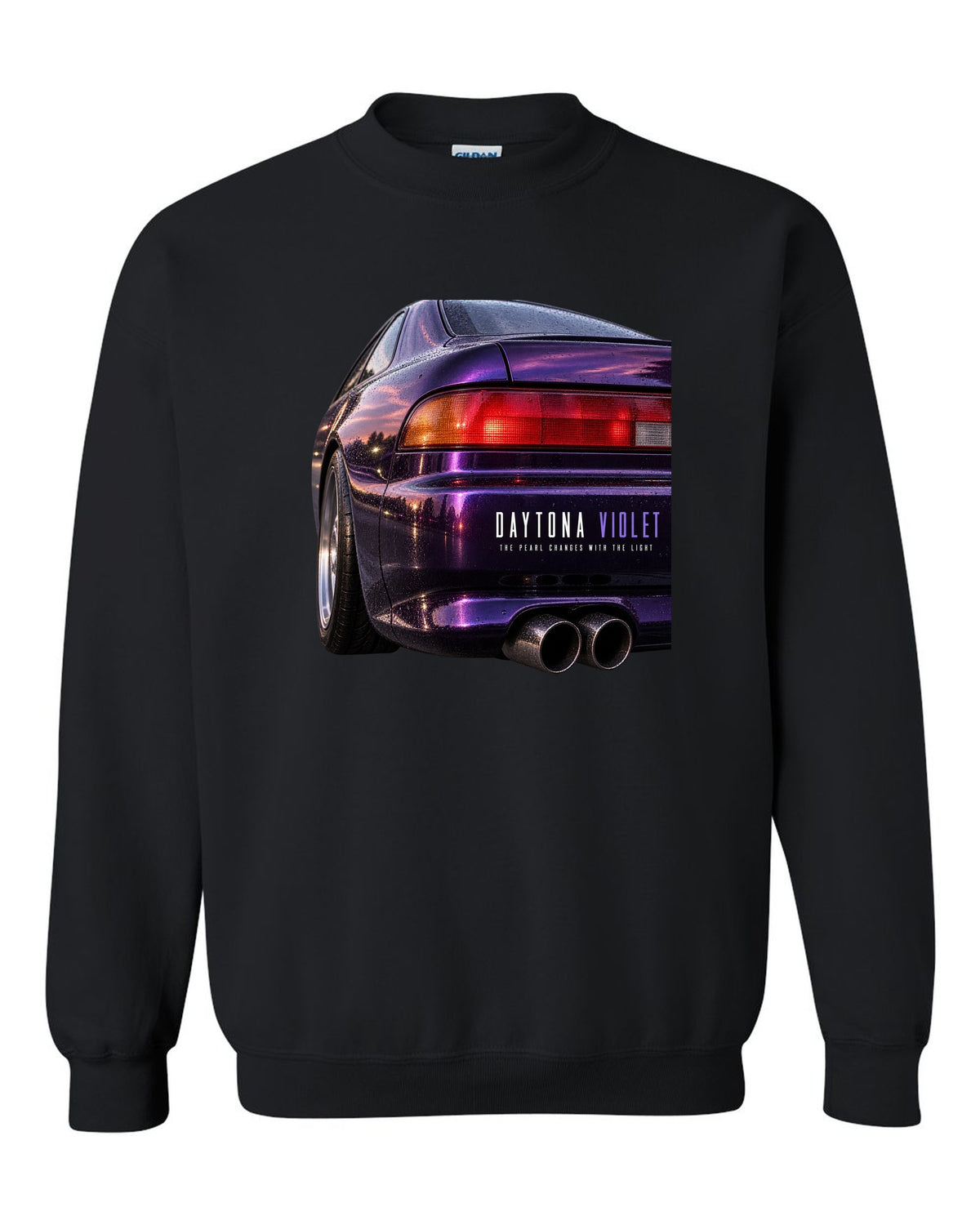 BMW E36 M3 coupe taillight macro print with Daytona Violet pearl paint text black crewneck front view with the design