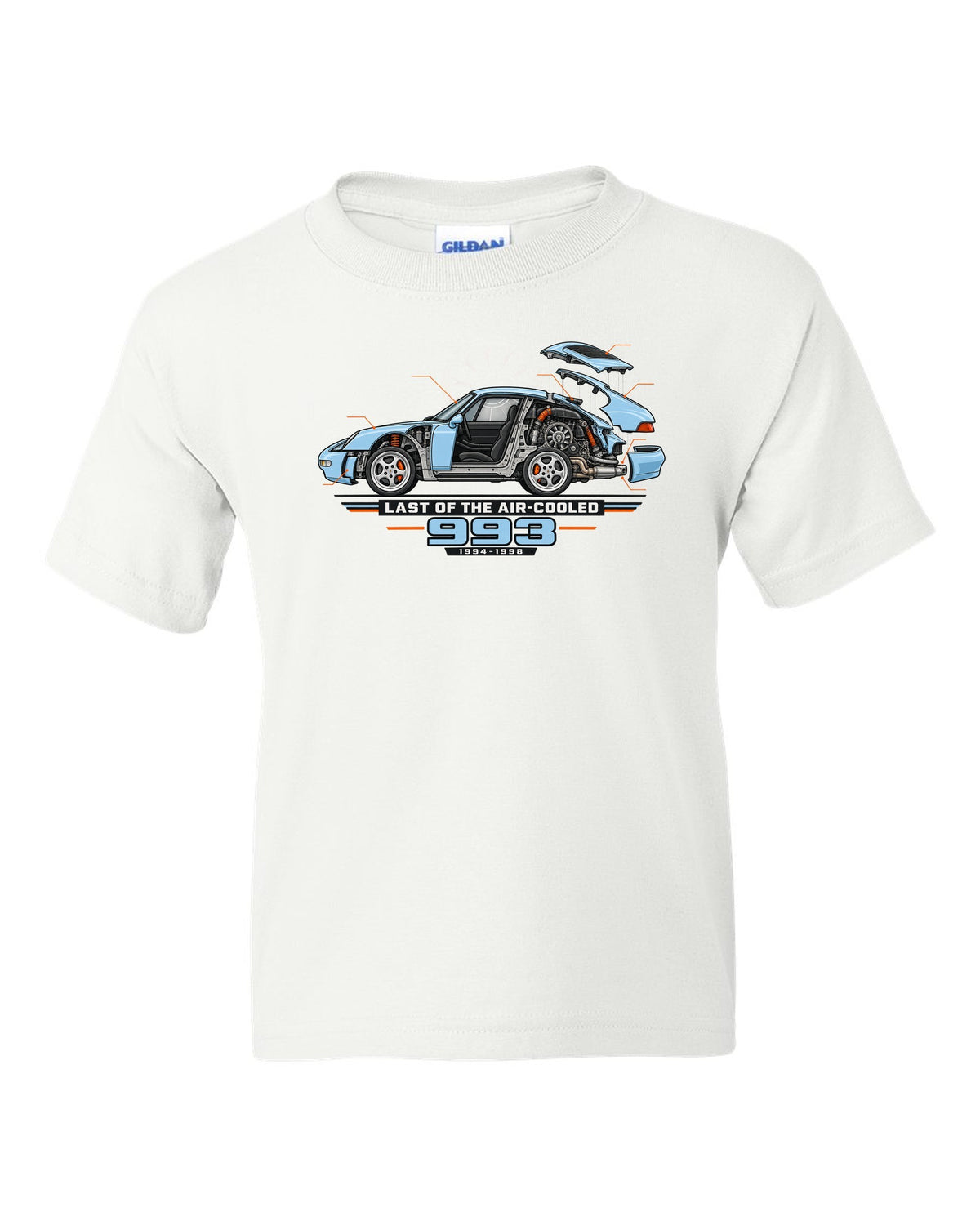 Architectural cutaway drawing of a Porsche 911 993 on a shirt back white kids tee front view with the design