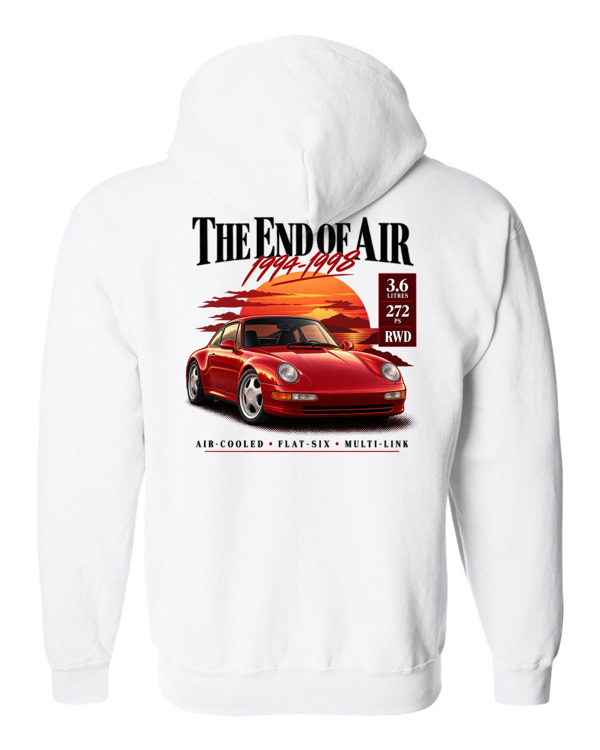 Archive panel print of a Porsche 911 Carrera (993) coupe with the heading The End Of Air and spec list white zip hoodie back view with the design