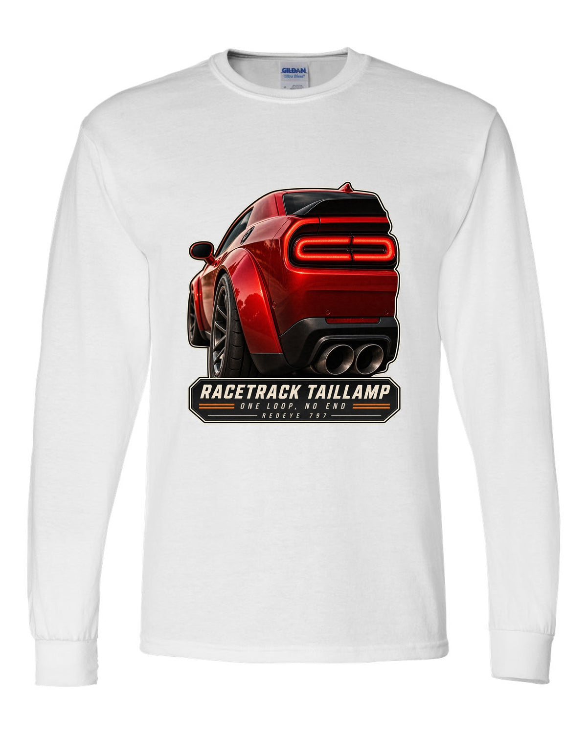 Dodge Challenger Hellcat Redeye Widebody racetrack taillamp macro print white long sleeve front view with the design