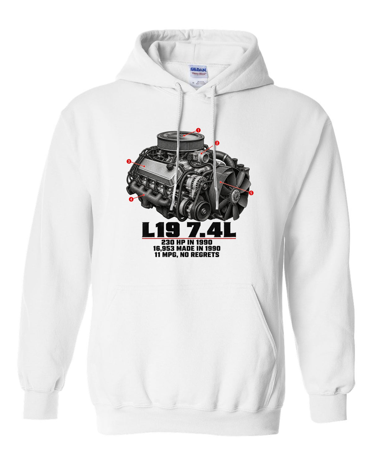 Engine print of a 1990-93 Chevrolet 454 SS pickup with L19 7.4L and 230 HP text white pull over hoodie front view with the design