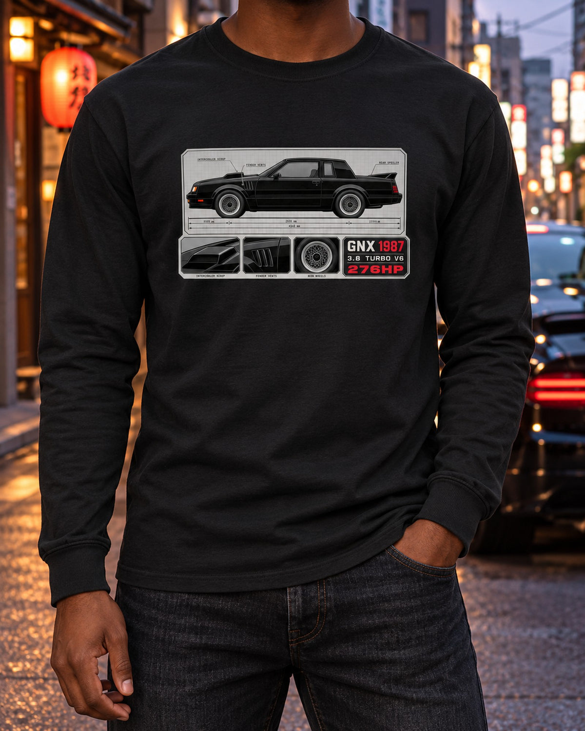 1987 Buick GNX Spec Sheet Shirt, Turbo V6 Car Guy Gift Long Sleeve Black worn hero