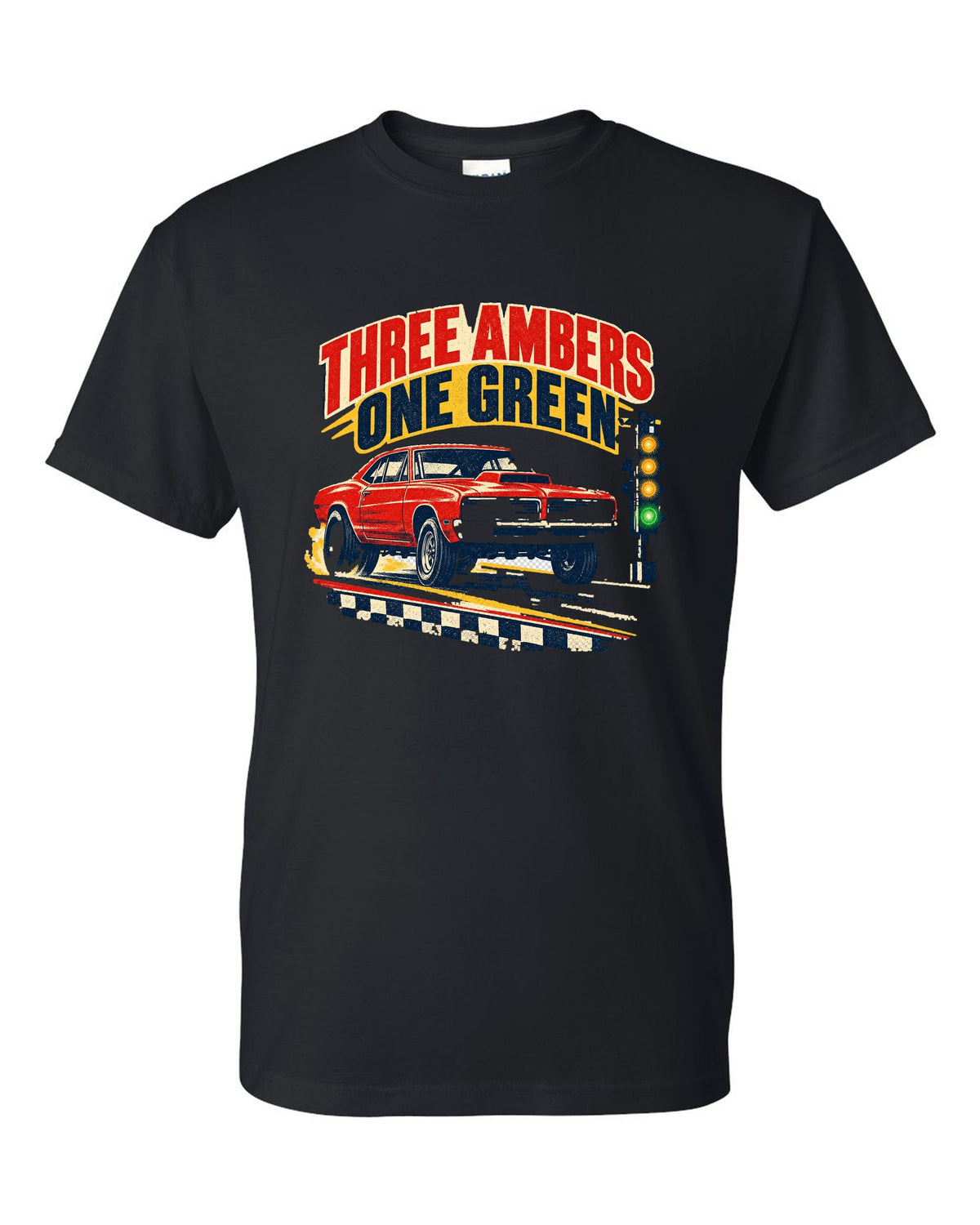 Vintage drag-race poster of a 1969 Plymouth Road Runner with the Christmas tree lights black t-shirt front view with the design