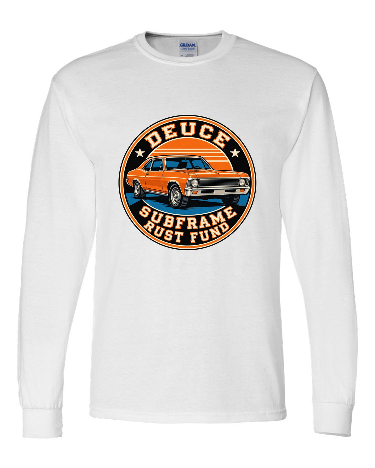 1968 Nova X-body in a round varsity crest with text Deuce Subframe Rust Fund white long sleeve front view with the design