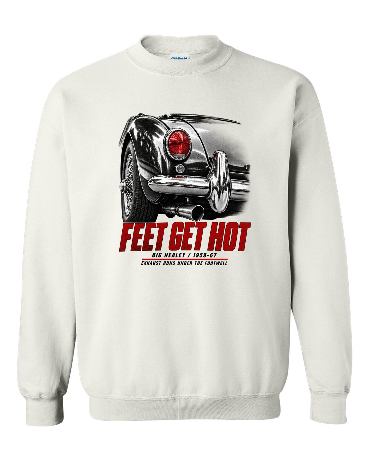 print of the rear taillight of a 1966 Austin-Healey 3000 Mk III BJ8 with hot feet lettering white crewneck front view with the design