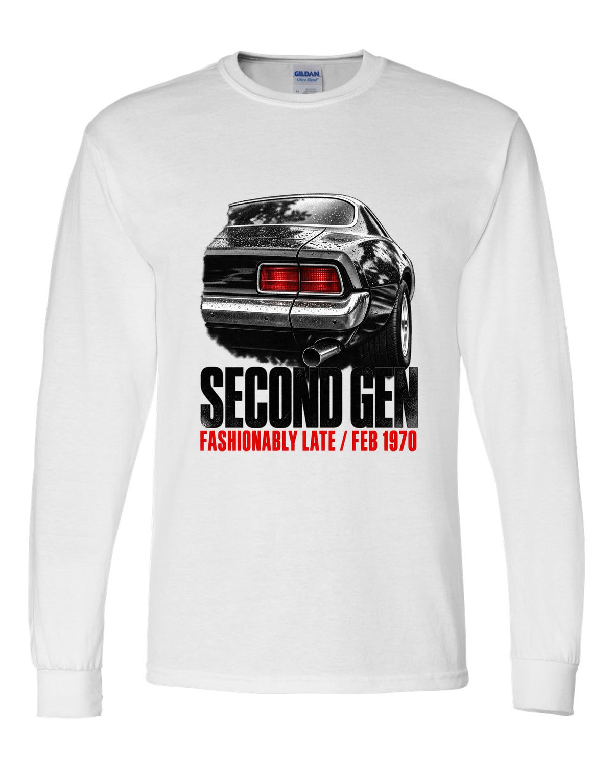 Taillight macro print of a 1970 second-gen Chevrolet Camaro split bumper with Feb 1970 caption white long sleeve front view with the design