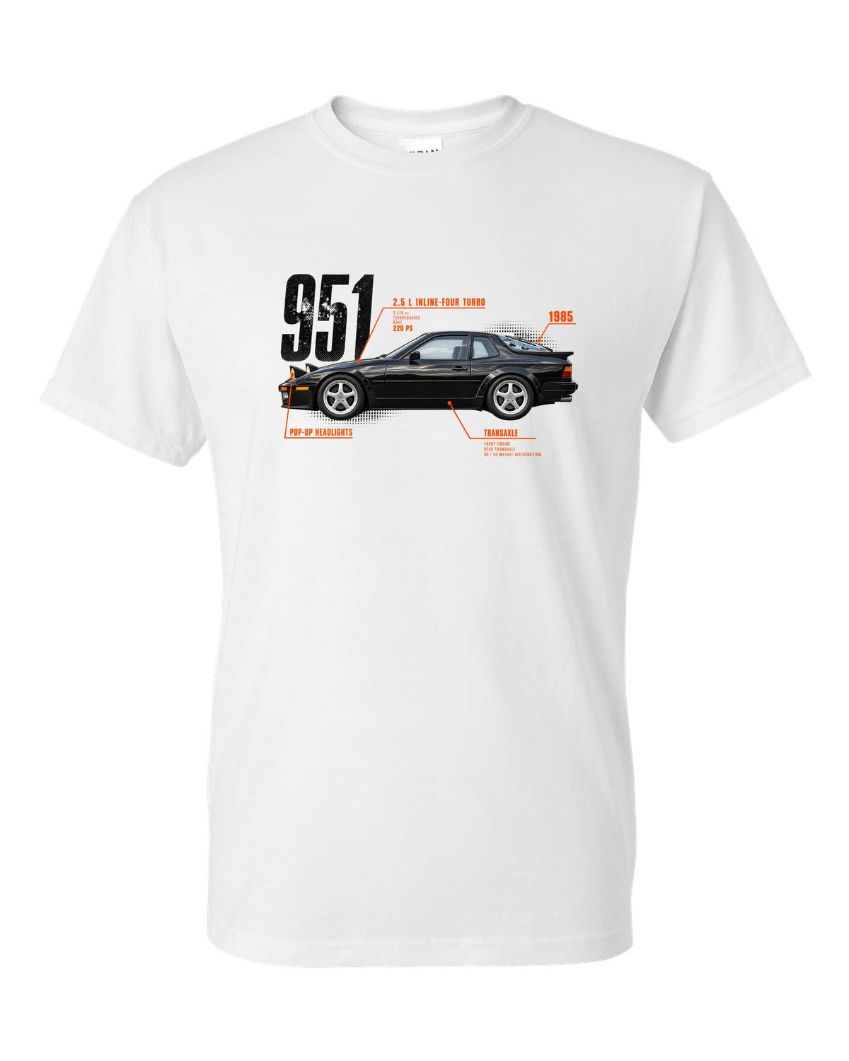 Spec poster print of a Porsche 944 Turbo 951 with 2.5 L turbo four, transaxle and pop-up headlights lettering white t-shirt front view with the design
