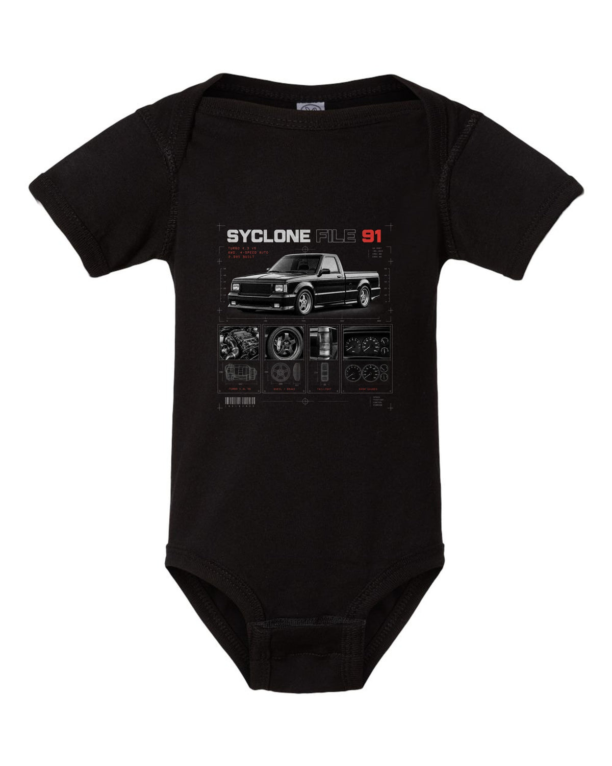 Dossier panel print of a 1991 GMC Syclone with turbo 4.3 V6 and 2,995 built text black baby onesie front view with the design