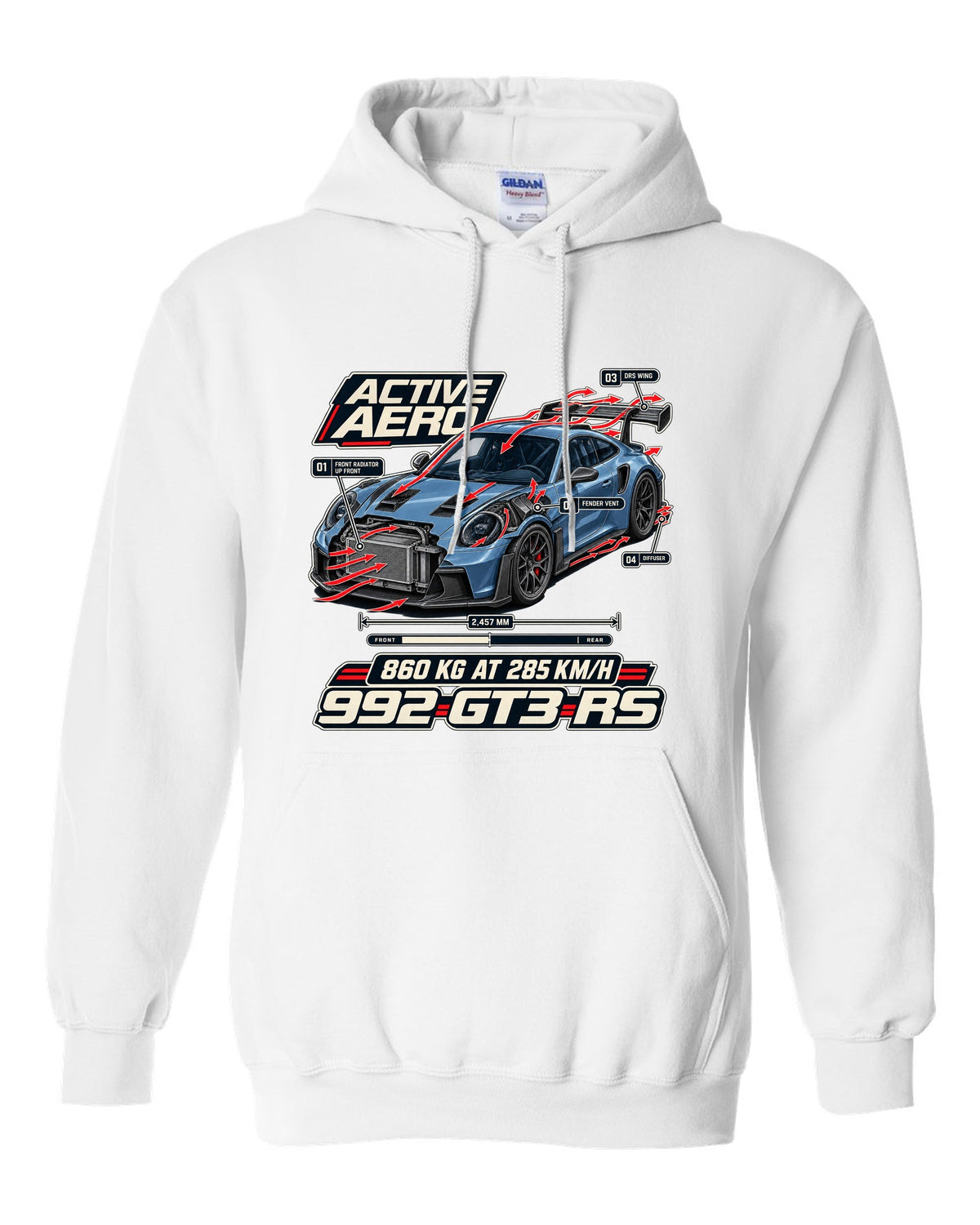 Porsche 992 GT3 RS aero and cutaway callouts print design white pull over hoodie front view with the design