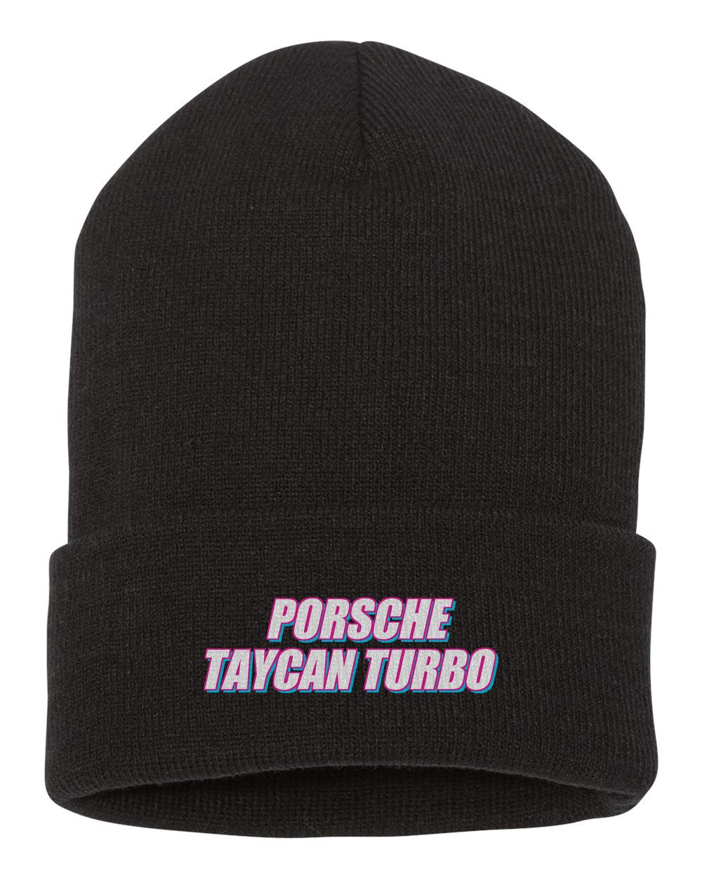 Porsche Taycan Turbo black beanie front view with car name