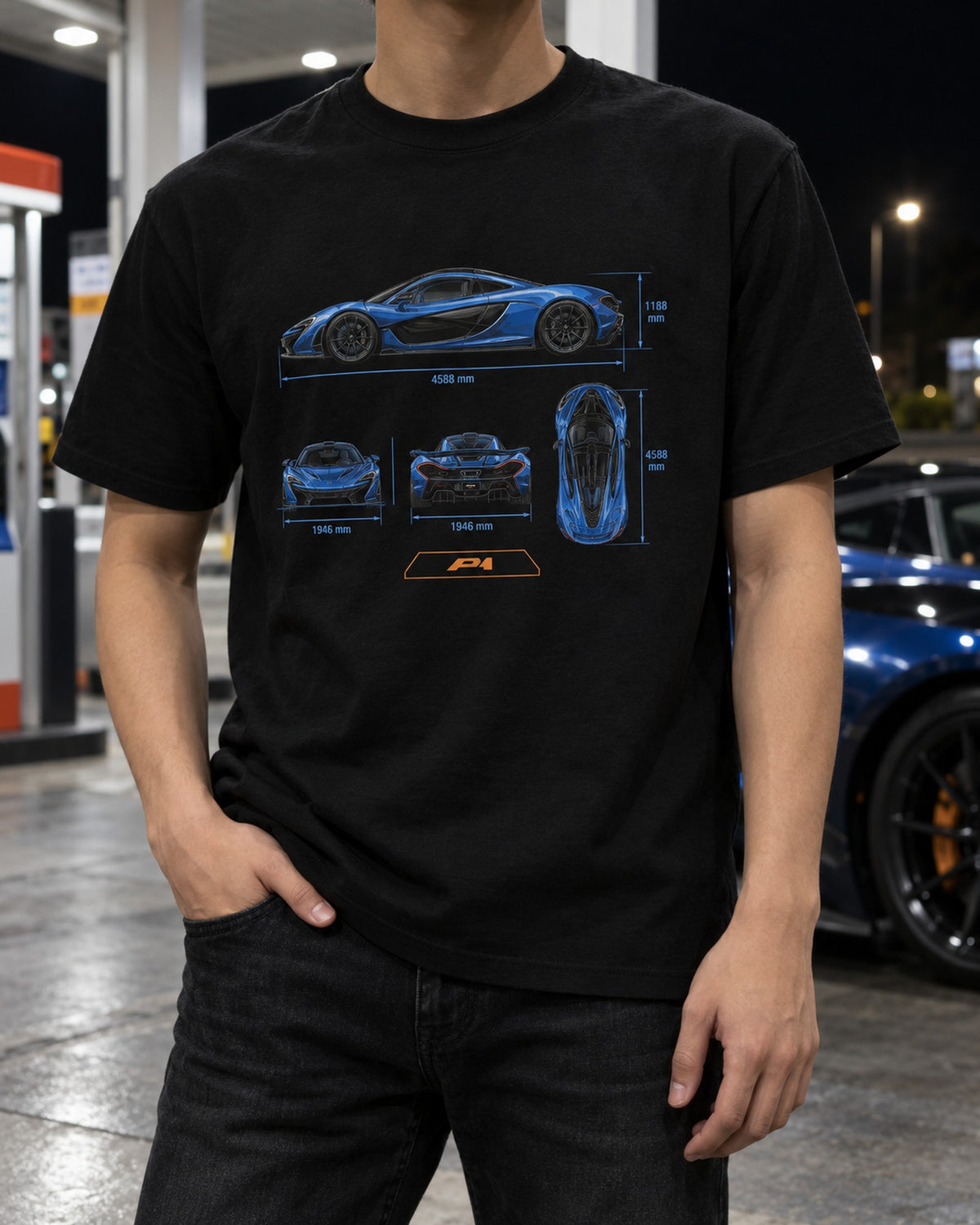 McLaren P1 Dimension Blueprint Shirt, Hybrid Hypercar Gift T-Shirt Black worn hero