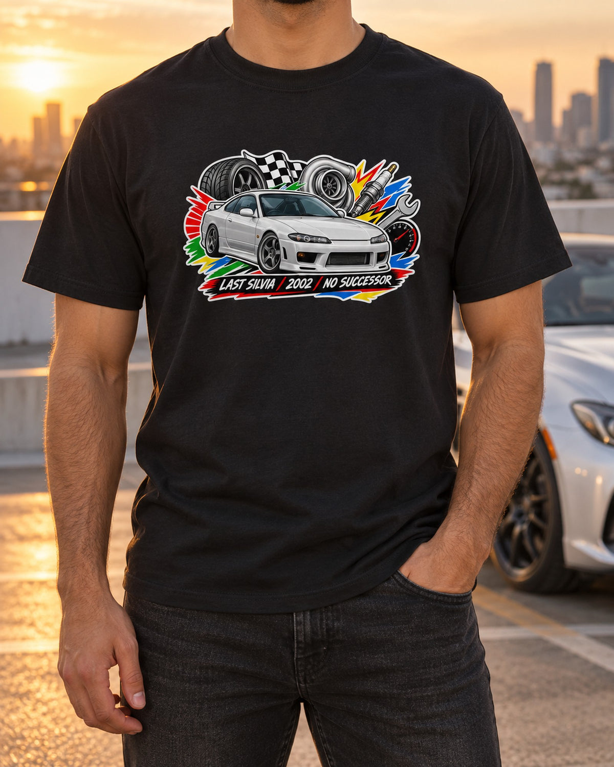 Nissan Silvia S15 Last Silvia Sticker Bomb Collage Shirt T-Shirt Black worn hero