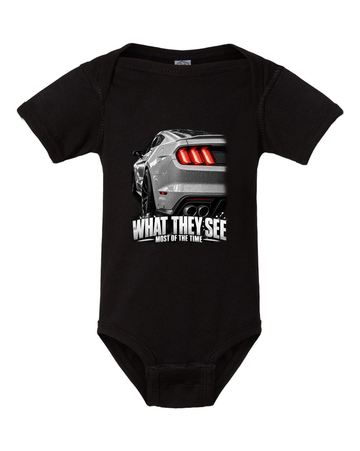 Macro print of a 2015-17 Ford Mustang S550 GT taillight black baby onesie front view with the design