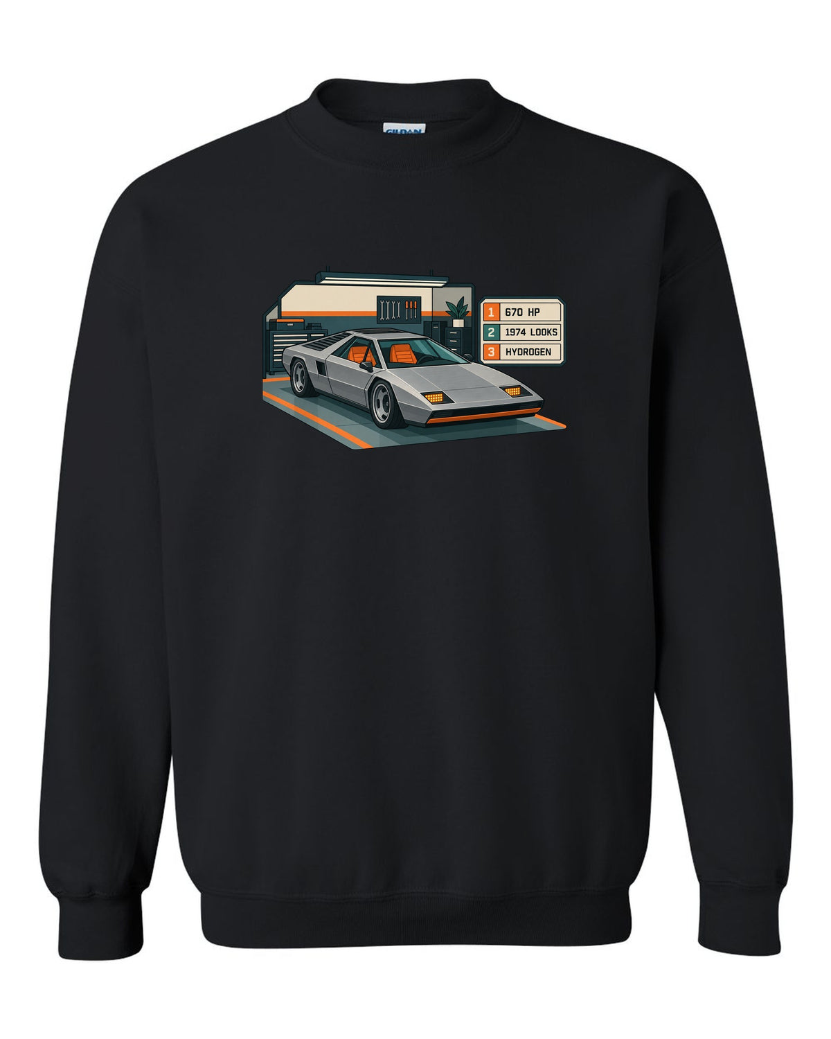 Hyundai N Vision 74 concept spec-sheet data plate print with 670 HP and hydrogen text black crewneck front view with the design