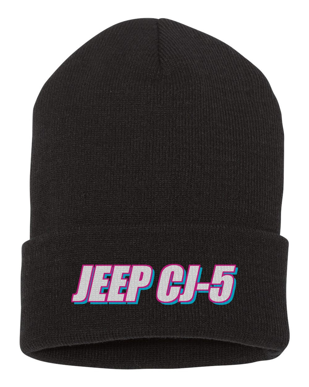 Jeep Cj-5 black beanie front view with car name