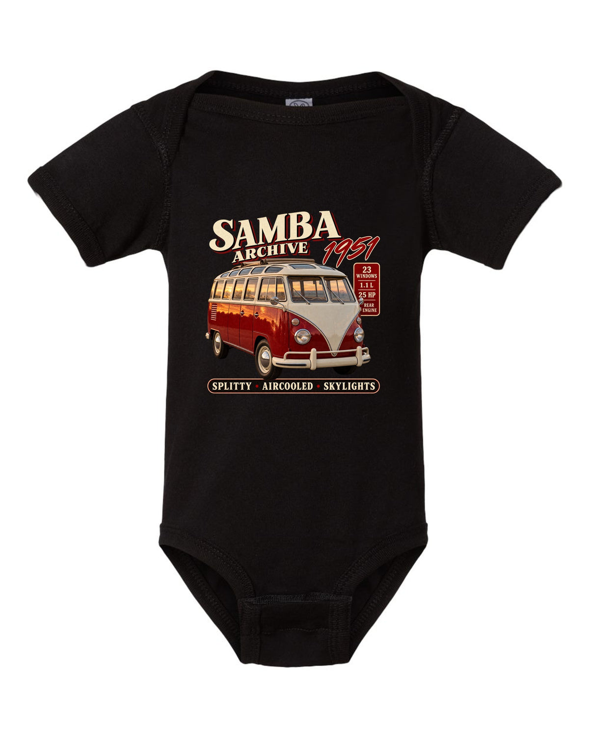 Archive panel print of a VW T1 Samba bus front three-quarter with 23 windows text black baby onesie front view with the design