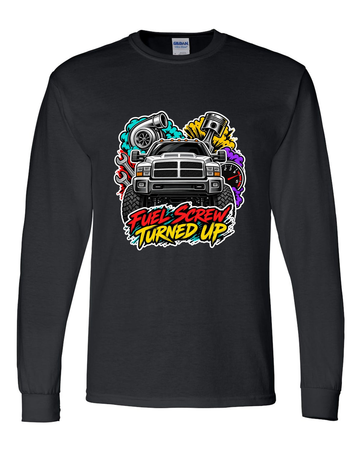 Sticker-bomb collage print of a 1994-1998 Dodge Ram 2500 12V Cummins with fuel screw text black long sleeve front view with the design