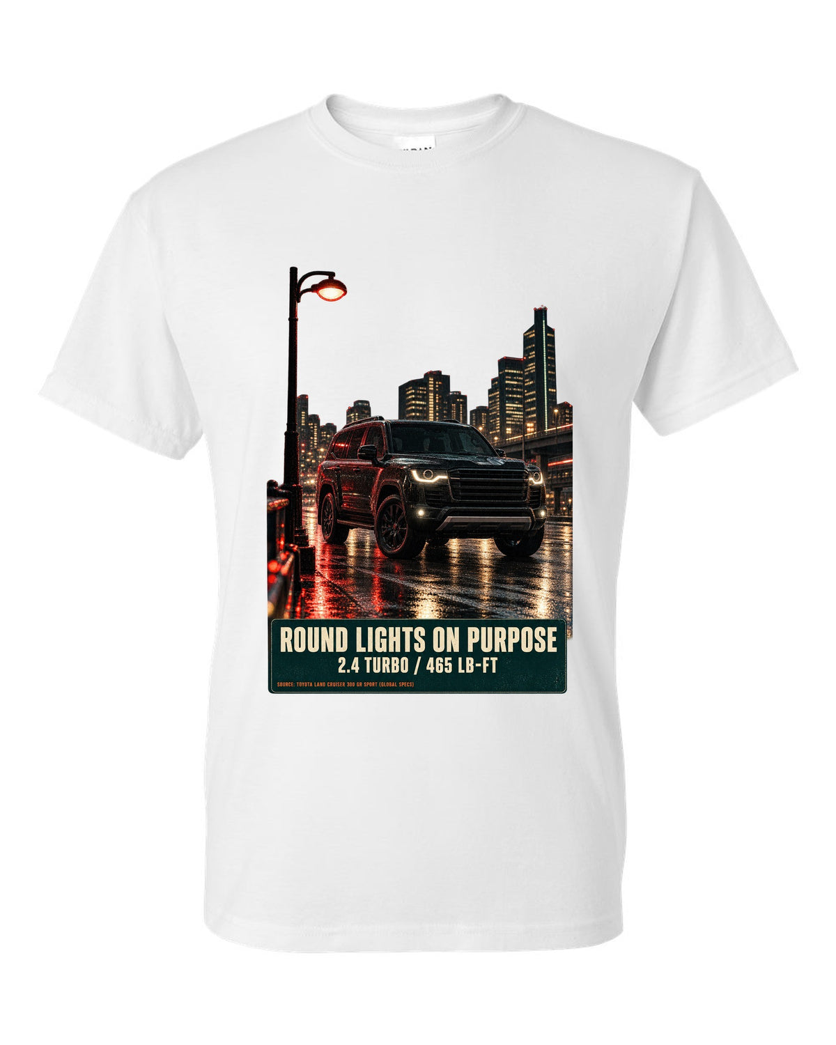 Toyota Land Cruiser 250 First Edition on a mountain pass at night white t-shirt front view with the design
