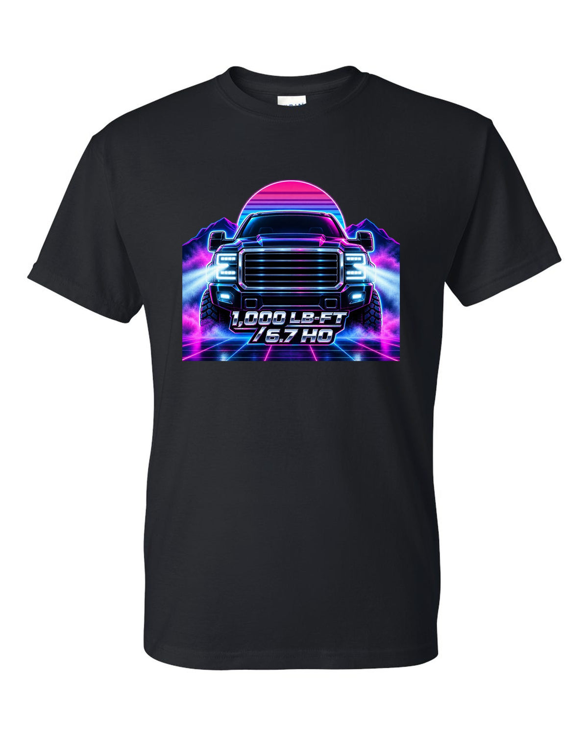 Neon synthwave grid print of a 2019-2024 Ram HD 2500 6.7 Cummins HO black t-shirt front view with the design