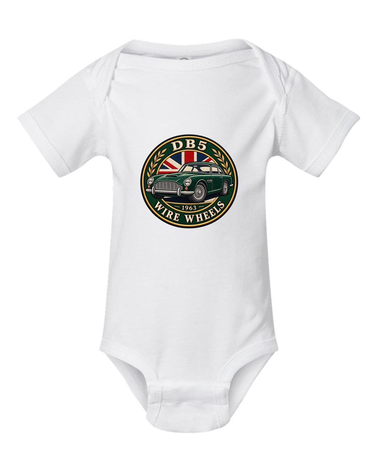 Aston Martin DB5 varsity crest with DB5 1963 WIRE WHEELS lettering white baby onesie front view with the design