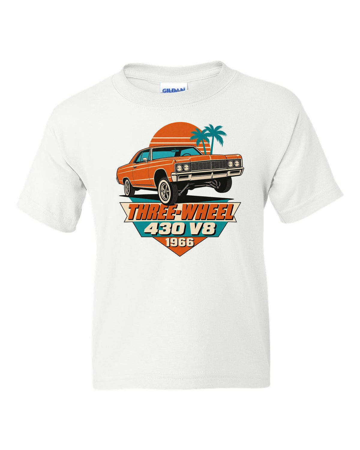 1966 Lincoln Continental lowrider on hydraulics in a 1960s litho poster style white kids tee front view with the design