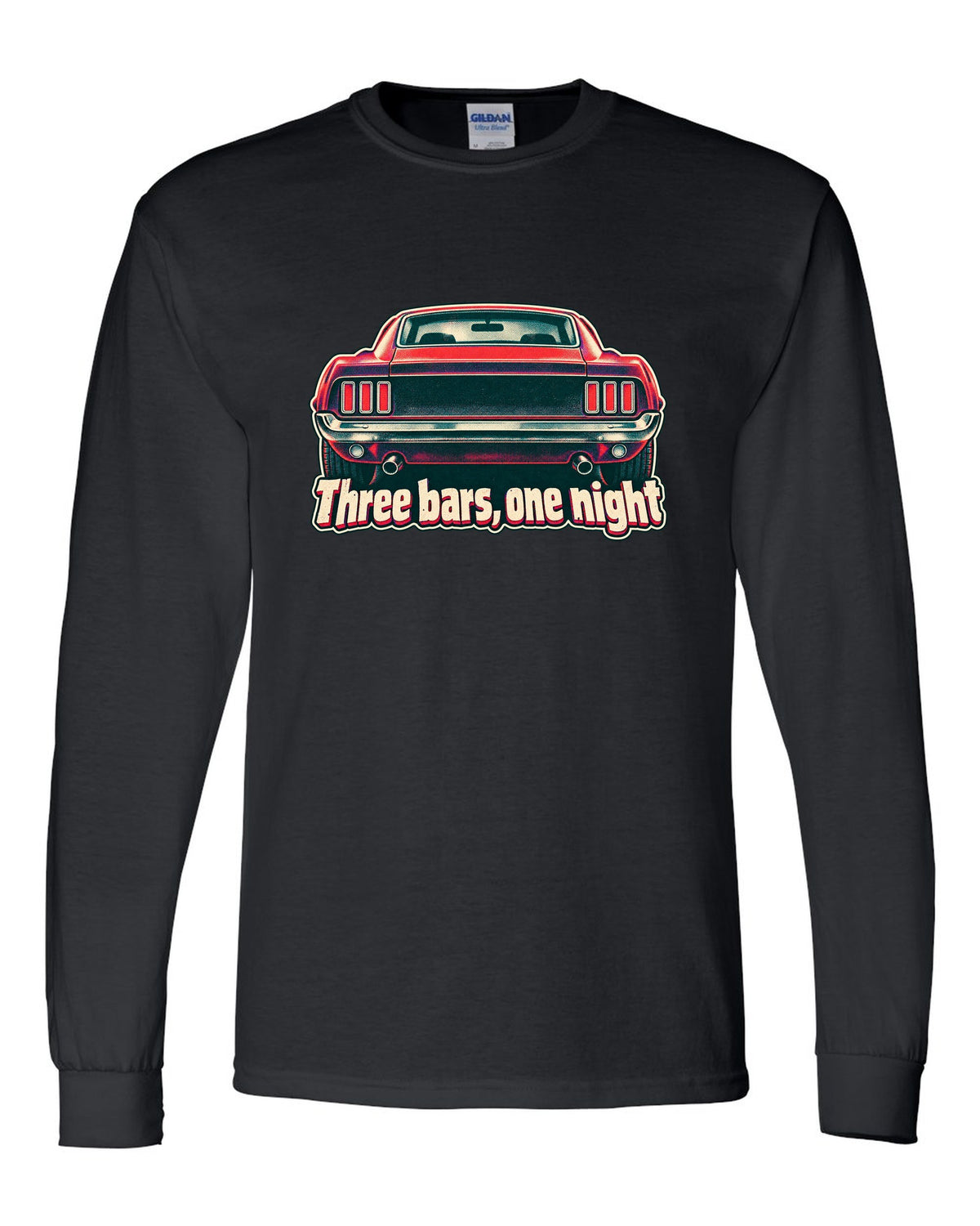 Risograph halftone print of the 1969 Ford Mustang fastback taillights with three bars black long sleeve front view with the design