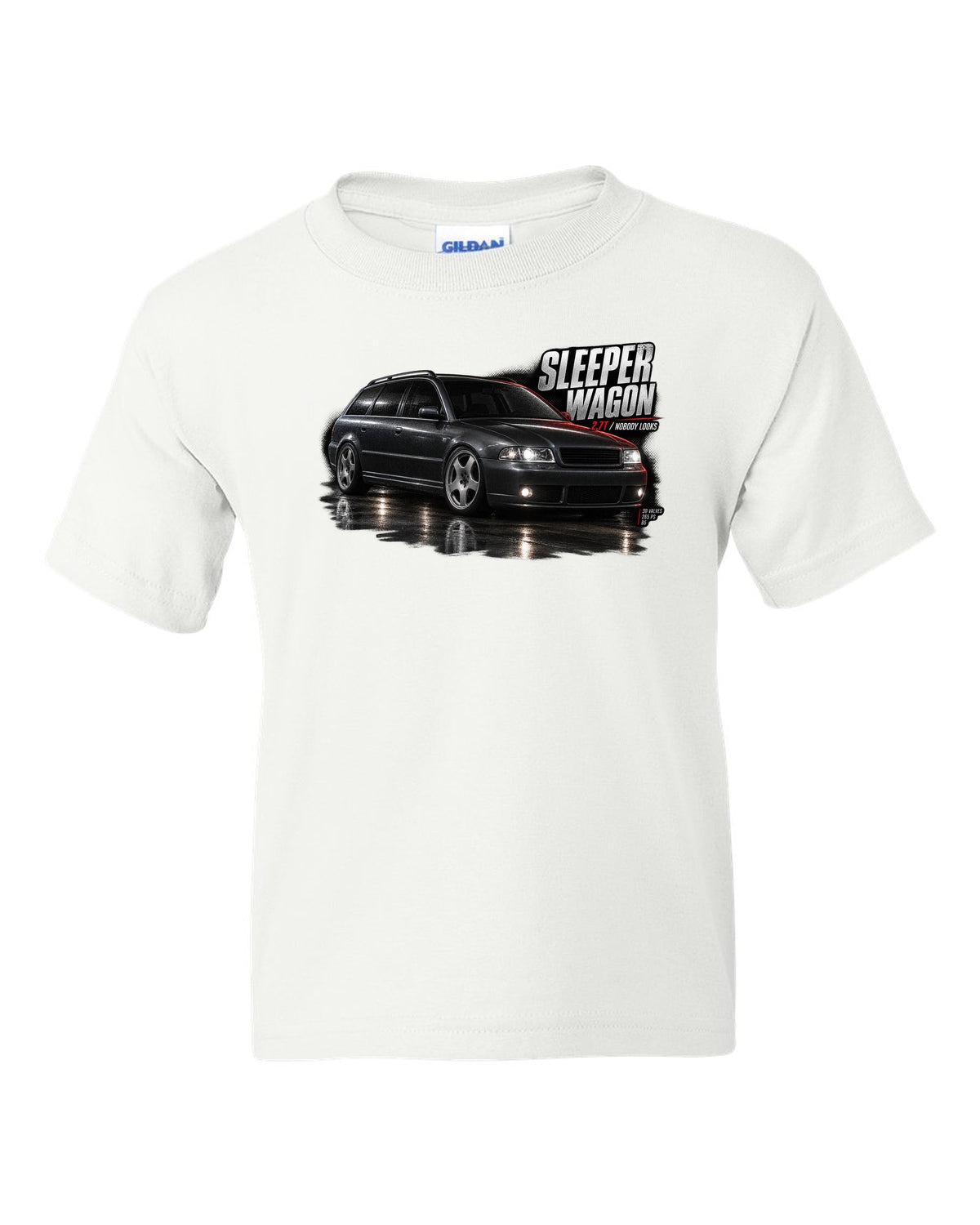 Audi S4 B5 Avant front three-quarter in garage with sleeper wagon 2.7T text white kids tee front view with the design