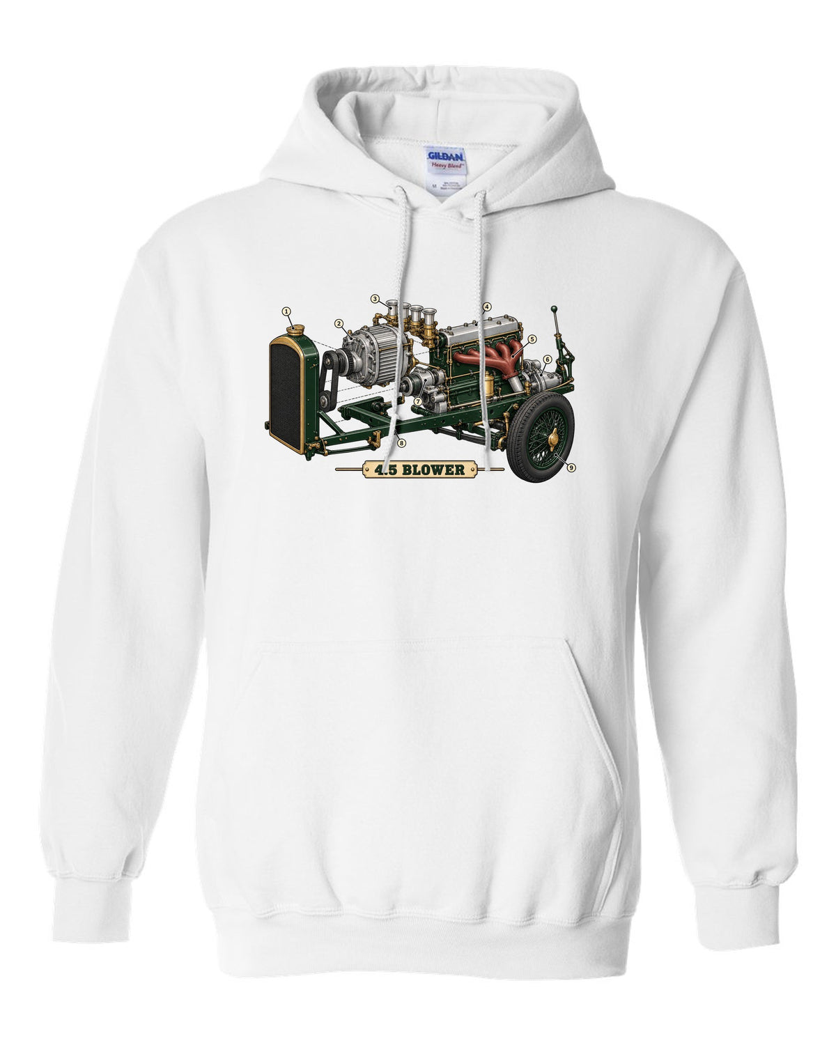 Exploded view diagram of the 1929 Bentley 4.5 Litre Blower supercharged engine with 4.5 BLOWER lettering white pull over hoodie front view with the design