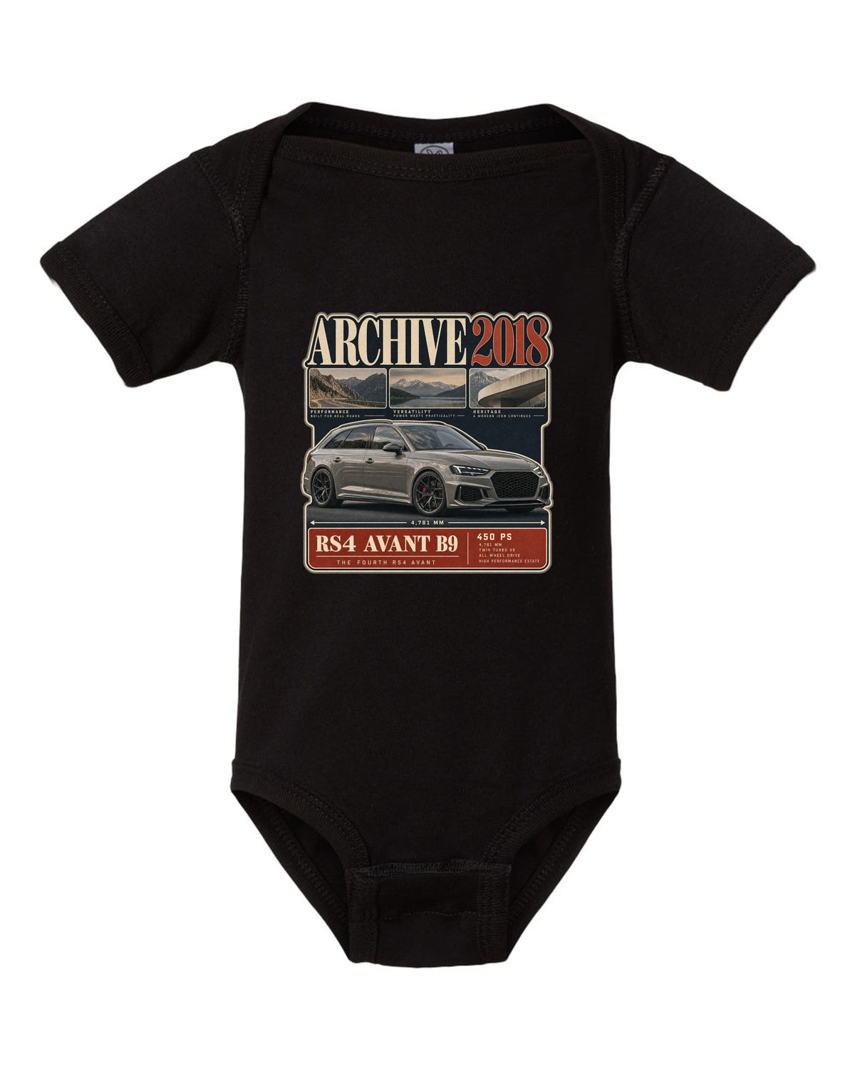 Audi RS4 Avant B9 archive panel print marked 2018 with 450 PS black baby onesie front view with the design