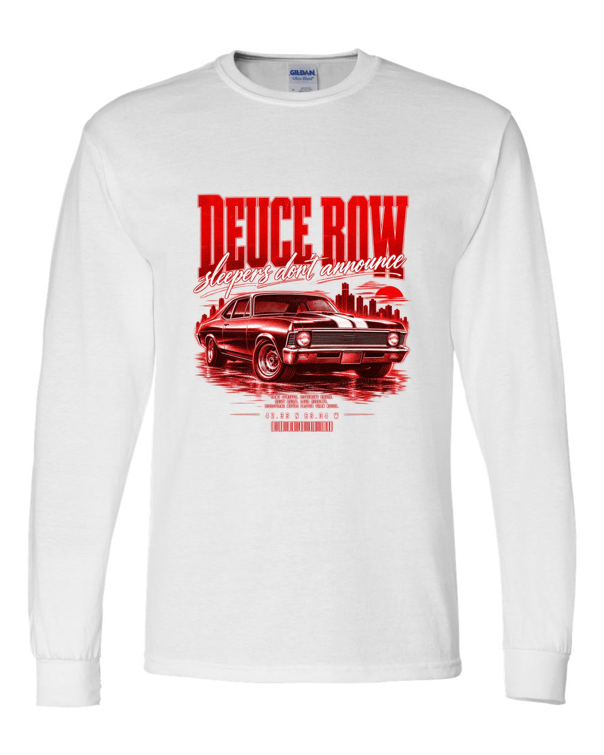 Street-poster print of a 1969 Chevrolet Nova SS with Deuce Row lettering white long sleeve front view with the design