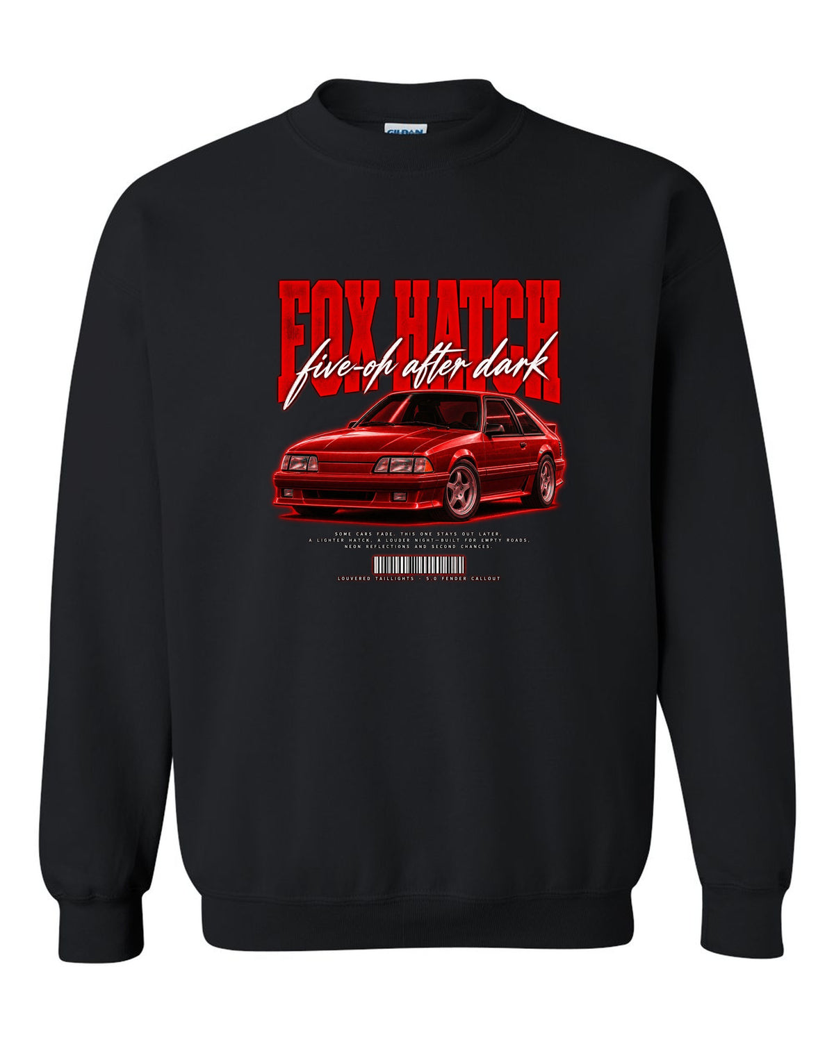 Street poster illustration of a Ford Mustang Fox body GT chback at night, five-oh after dark black crewneck front view with the design