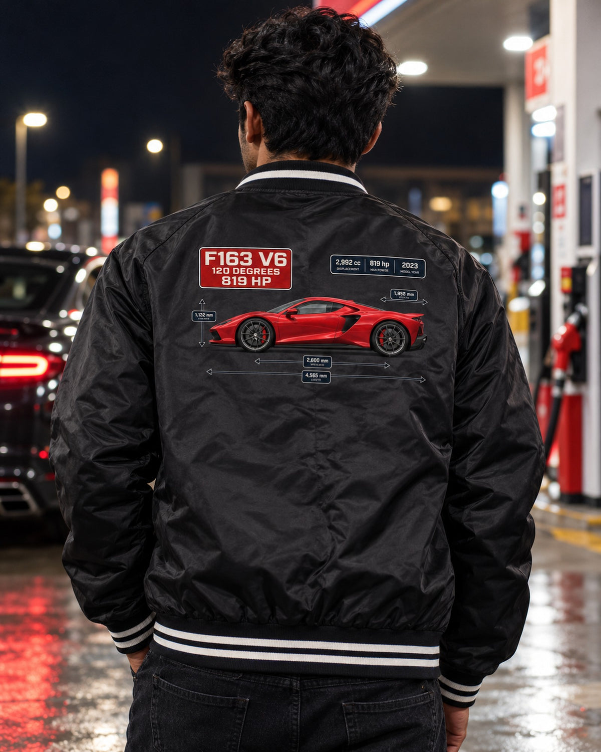 Ferrari 296 GTB Dimension Blueprint Tee, Car Guy Gift Bomber Jacket Black worn hero