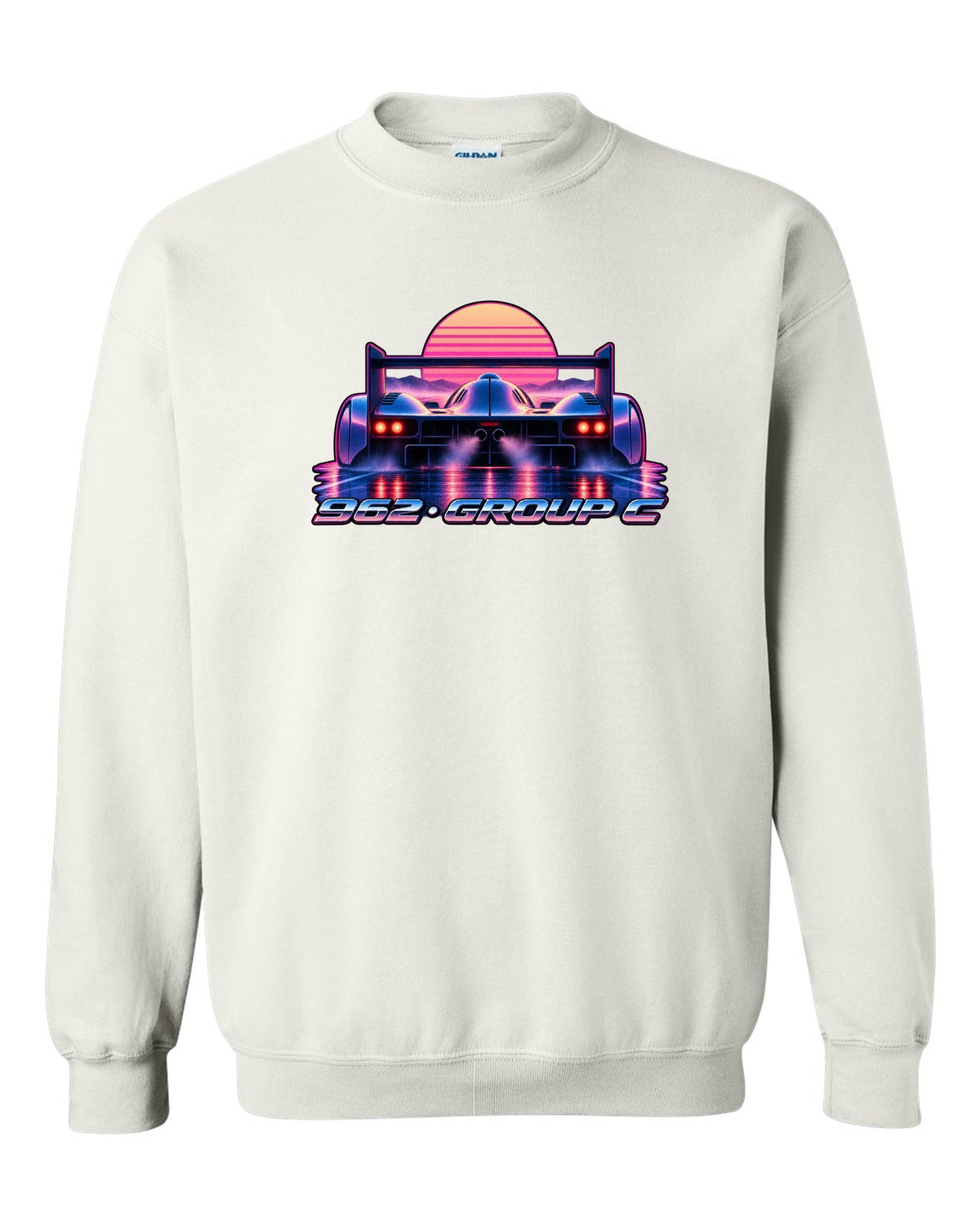 Synthwave gradient print of a Porsche 962 Group C long tail in dawn mist white crewneck front view with the design
