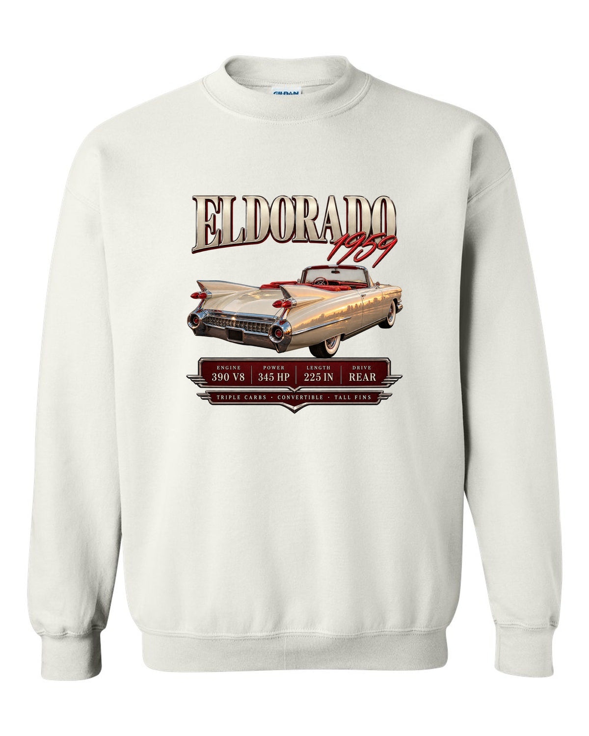 print archive panel of a 1959 Cadillac Eldorado Biarritz convertible with 390 V8 lettering white crewneck front view with the design
