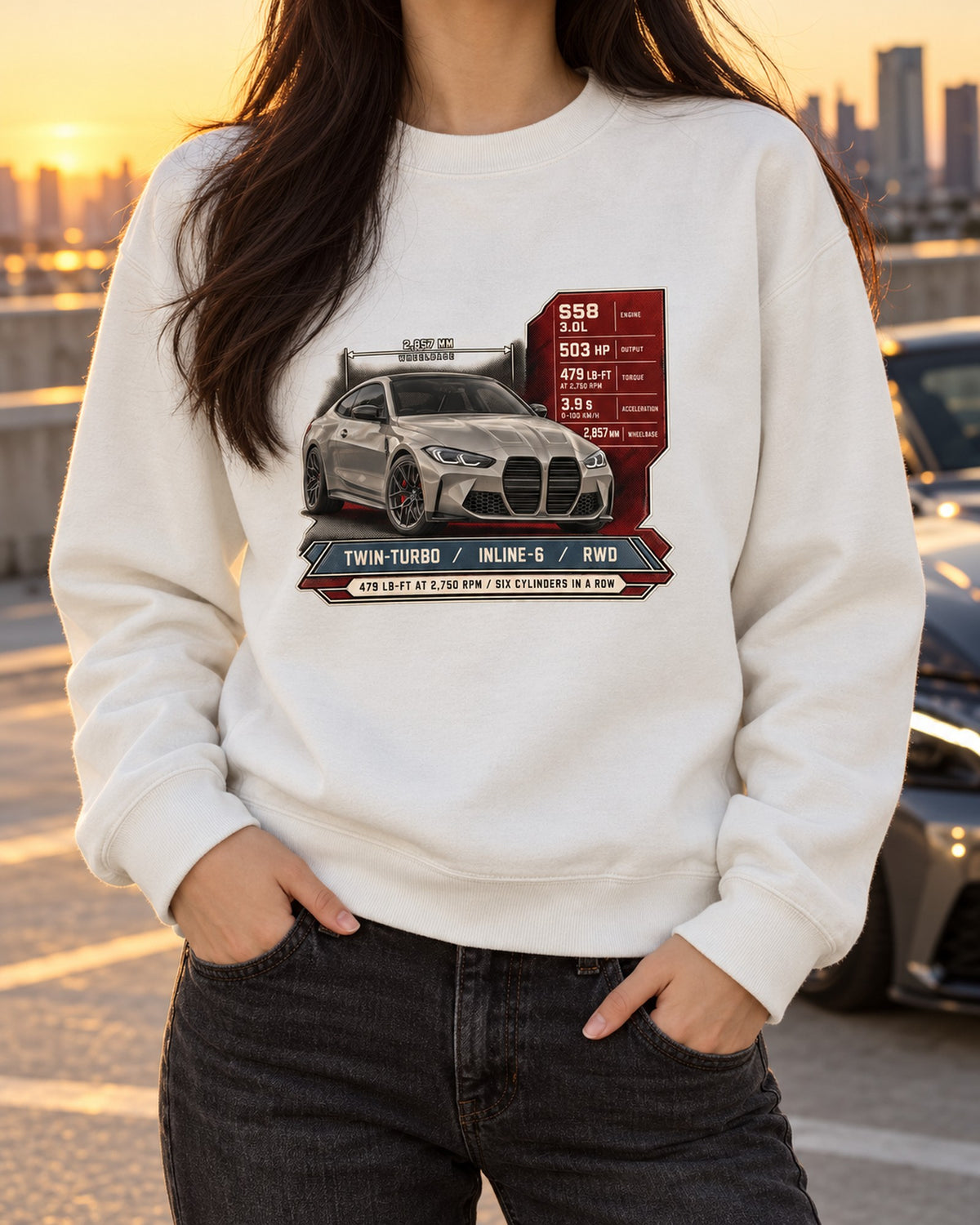 BMW M4 Competition G82 Spec Poster Shirt, Inline-Six Torque Tee Crewneck White worn hero