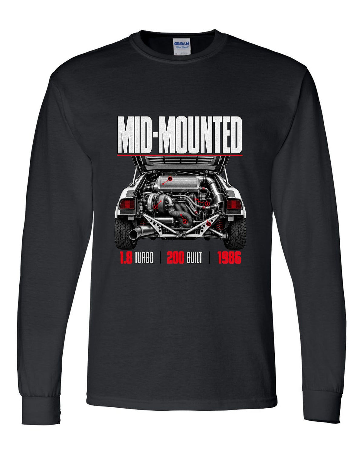 Ford RS200 Group B engine close-up print with mid-mounted turbo text black long sleeve front view with the design