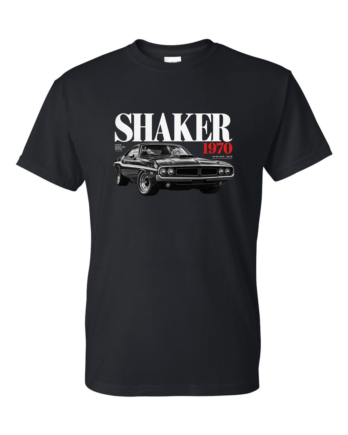 Editorial headline print of a 1970 Dodge Challenger R/T Shaker with 440 Six Pack text black t-shirt front view with the design