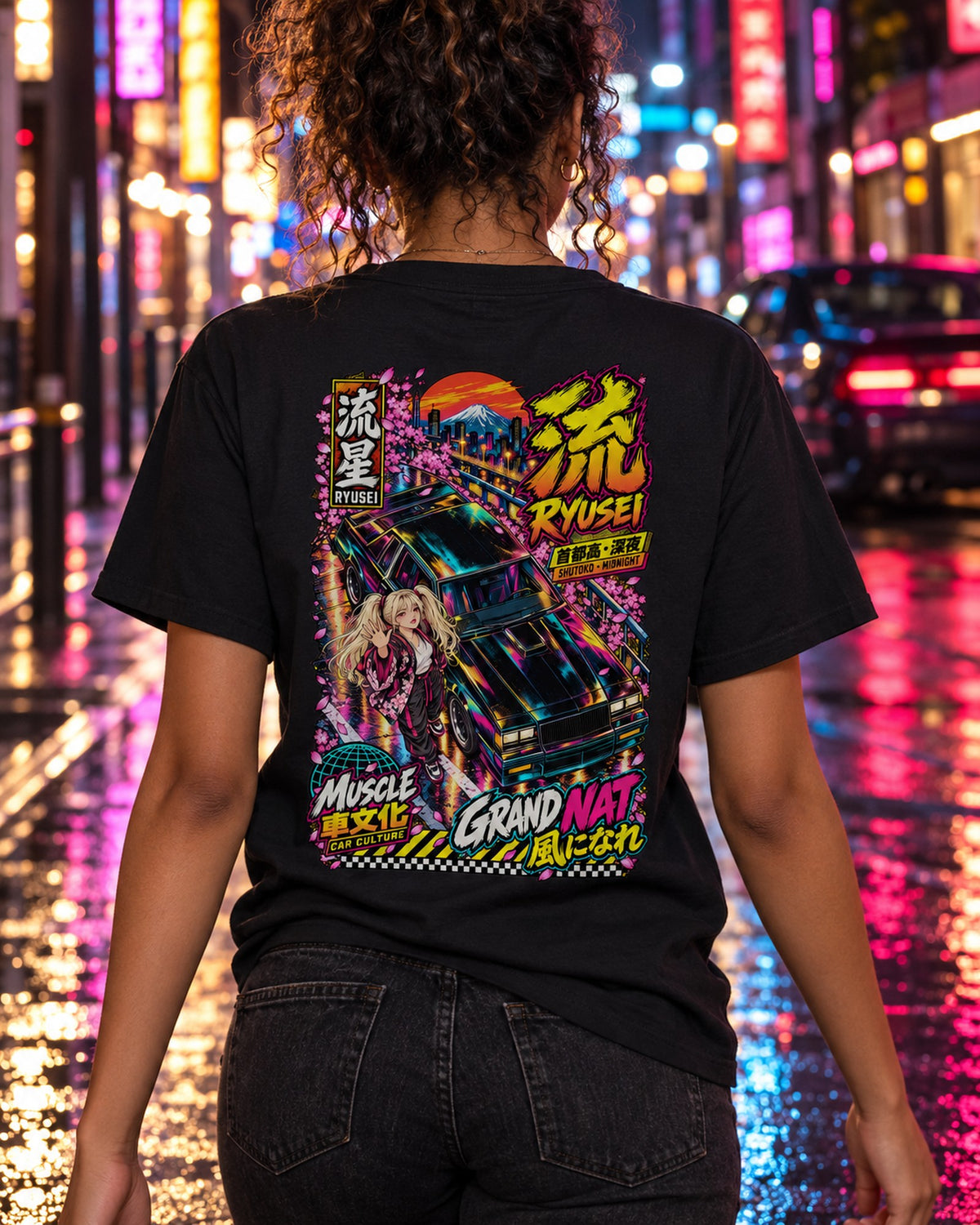 RYUSEI GRAND NAT Anime Girl Full-Back Graphic Tee T-Shirt Black worn hero