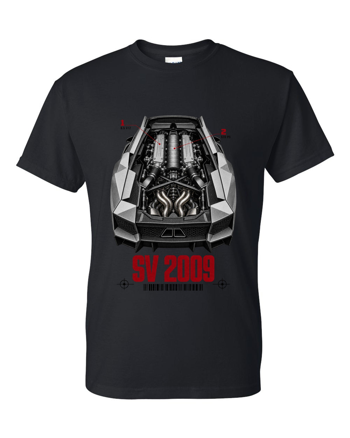 Engine hero print of a Lamborghini Murcielago LP670-4 SV with 6.5 V12 and 670 PS callouts black t-shirt front view with the design