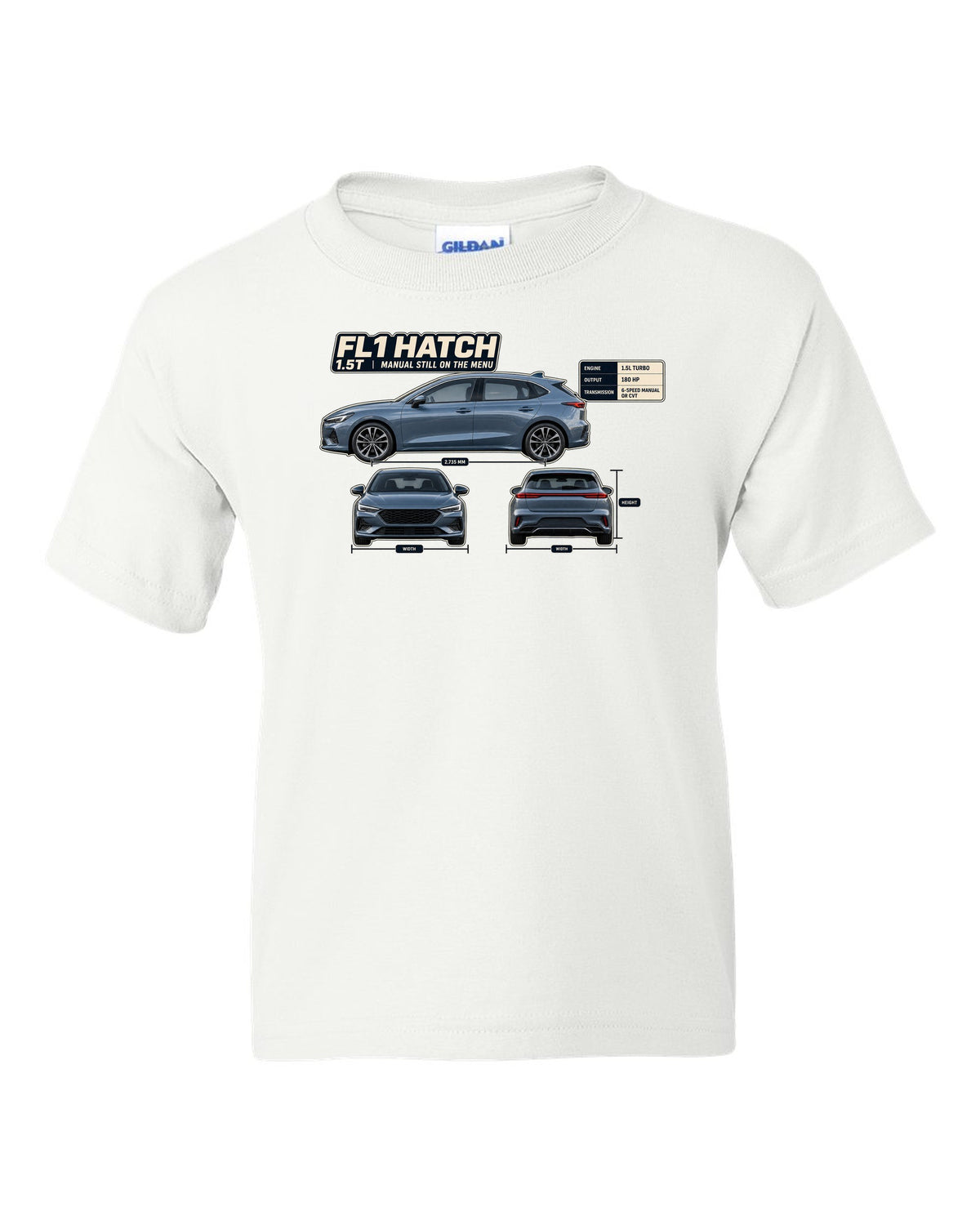 Honda Civic chback FL1 three-view spec table print white kids tee front view with the design