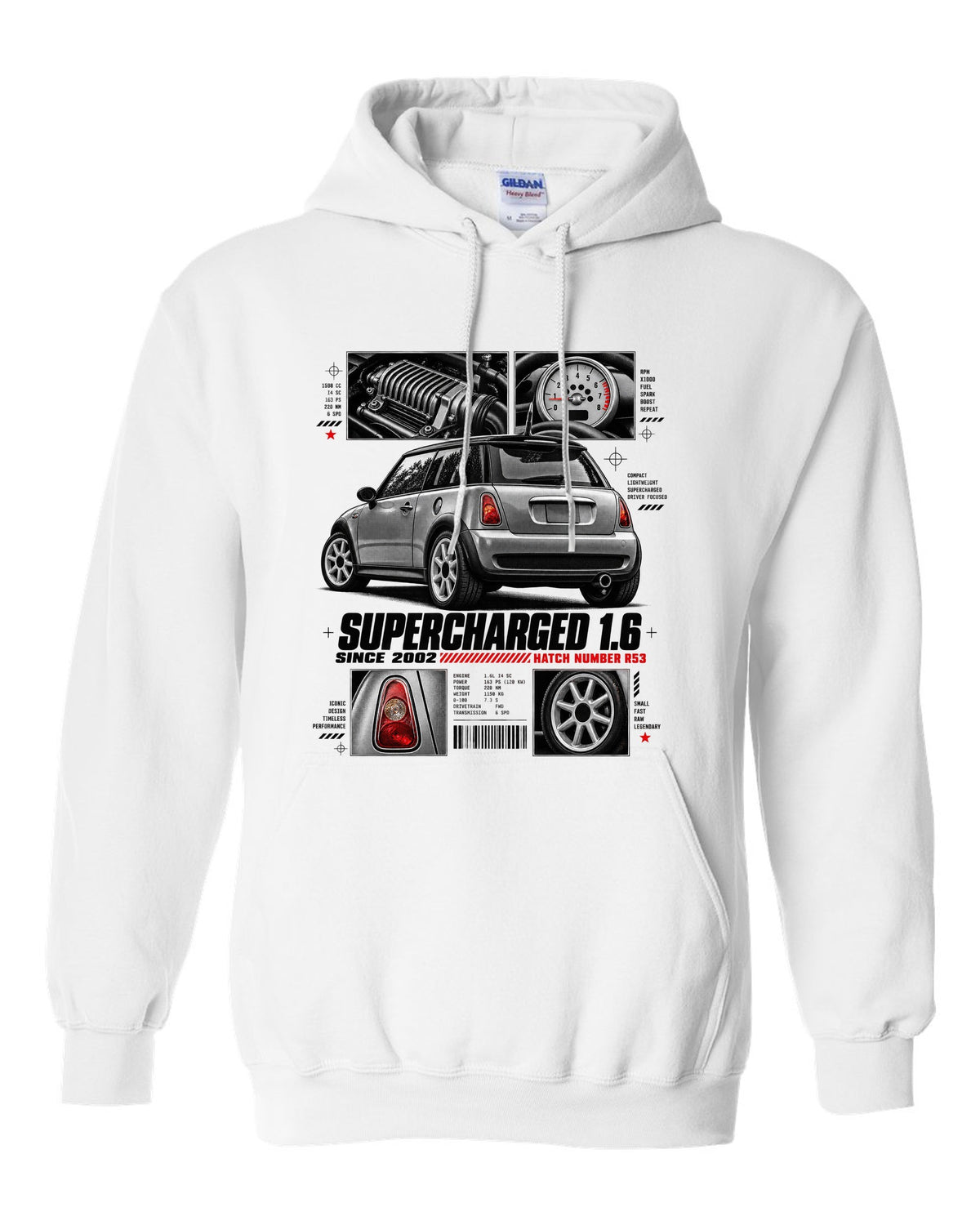 print of a Mini Cooper S R53 rear three-quarter view with detail panels and supercharged 1.6 text white pull over hoodie front view with the design