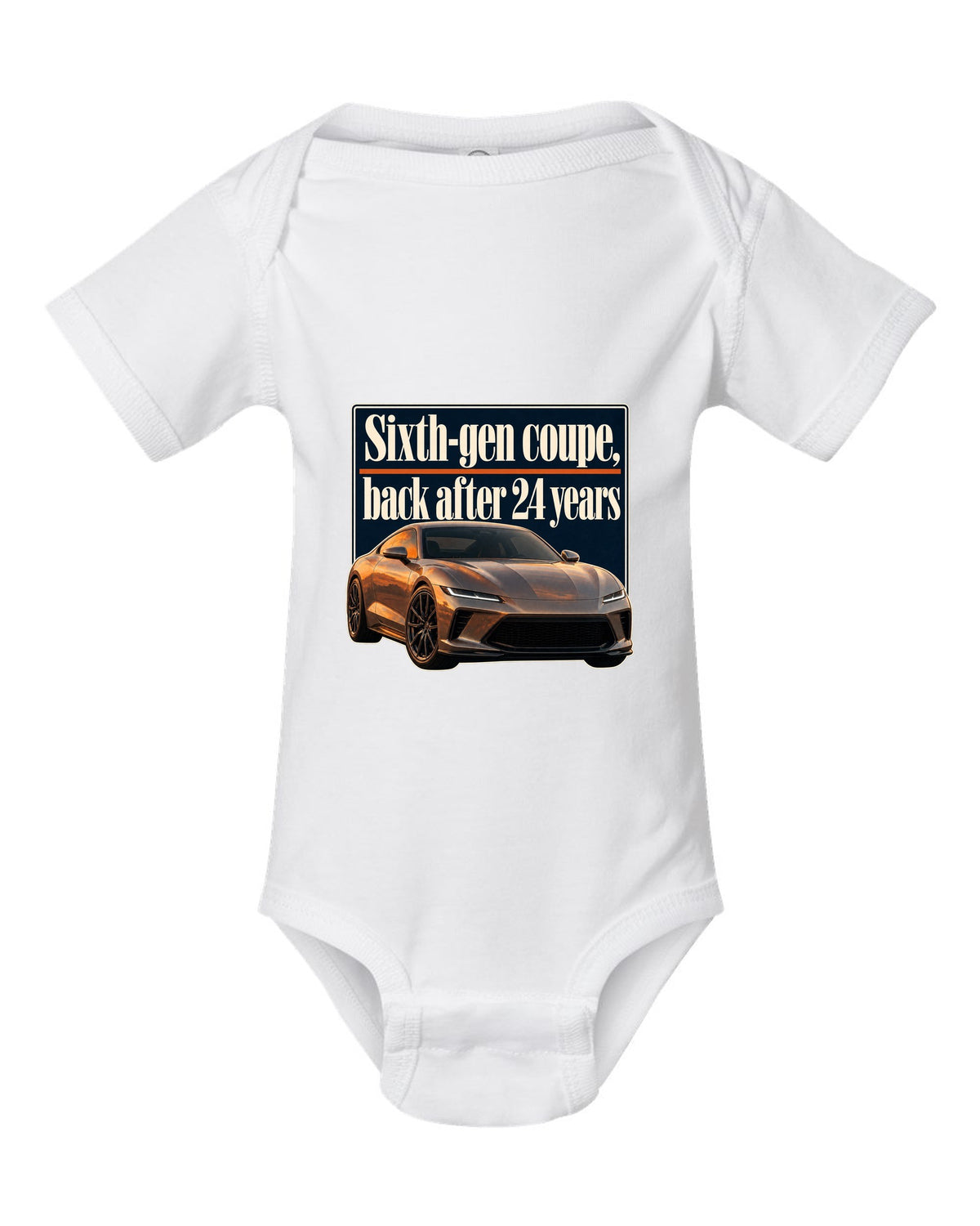 Honda Prelude 2026 sixth-gen editorial headline print white baby onesie front view with the design