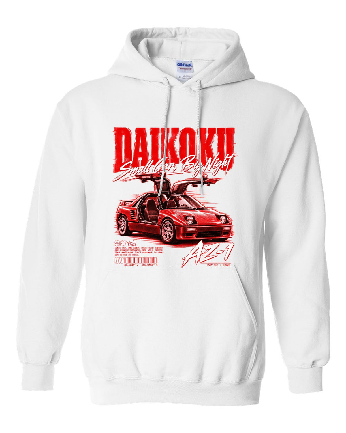 Street poster print of a Mazda AZ-1 PG6SA gull-wing kei car at Daikoku white pull over hoodie front view with the design