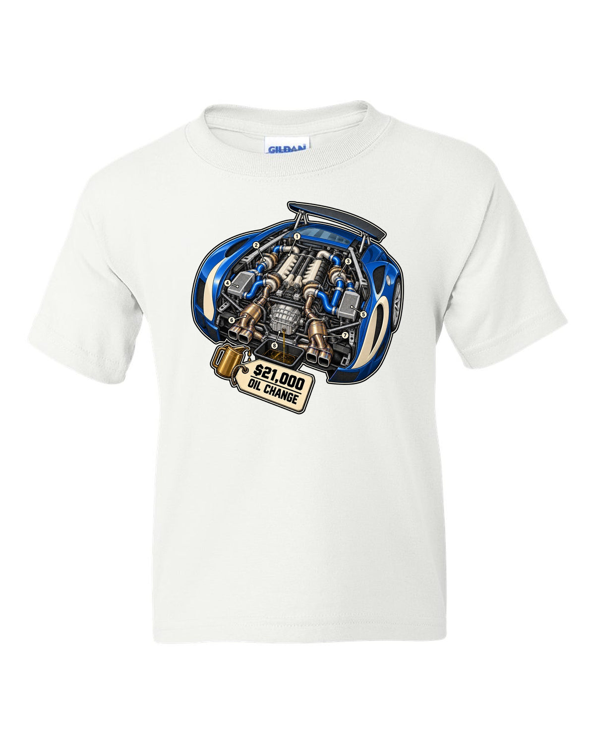 Exploded cutaway diagram print of the Bugatti Veyron 16.4 W16 engine with oil change lettering white kids tee front view with the design