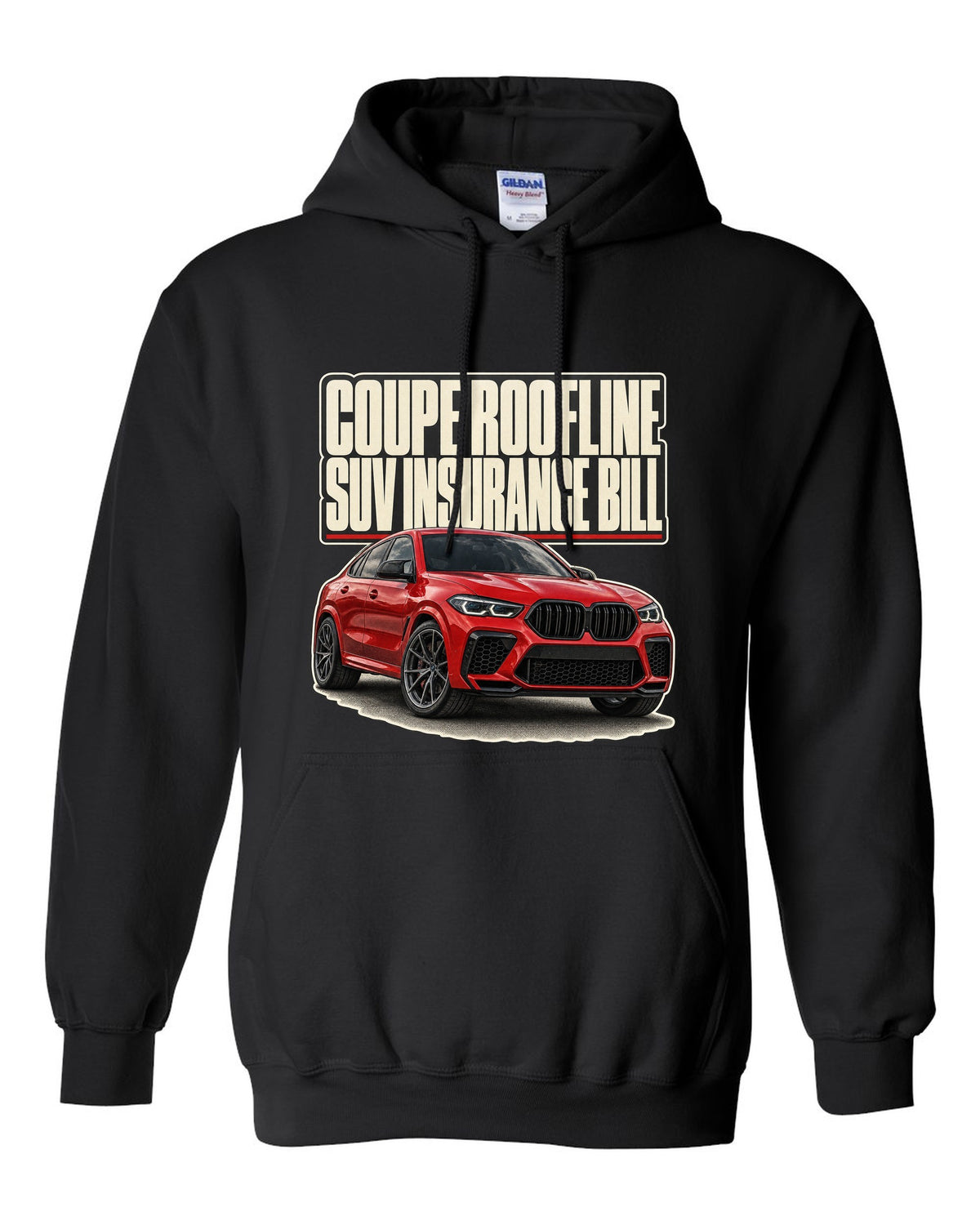 BMW X6 M Competition F96 editorial headline print on a tee black pull over hoodie front view with the design