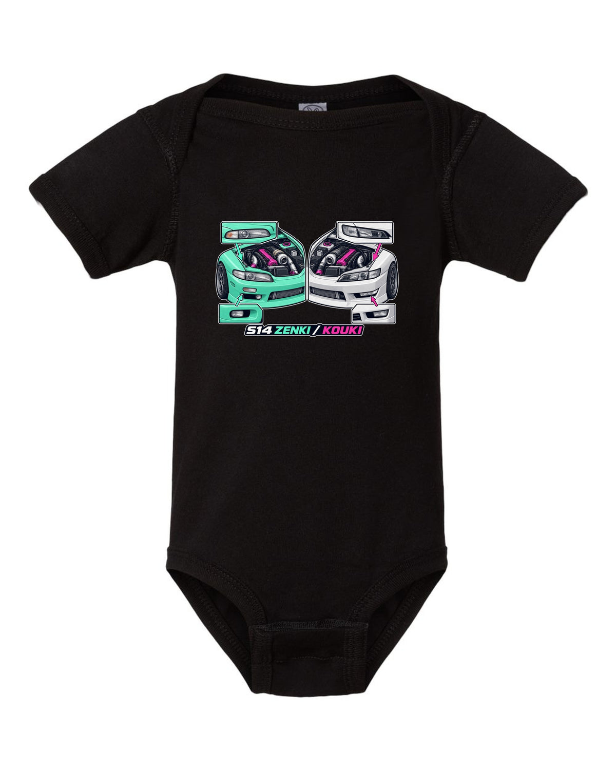 Isometric cutaway print of a 1993 Nissan Silvia S14 with Zenki and Kouki lettering black baby onesie front view with the design