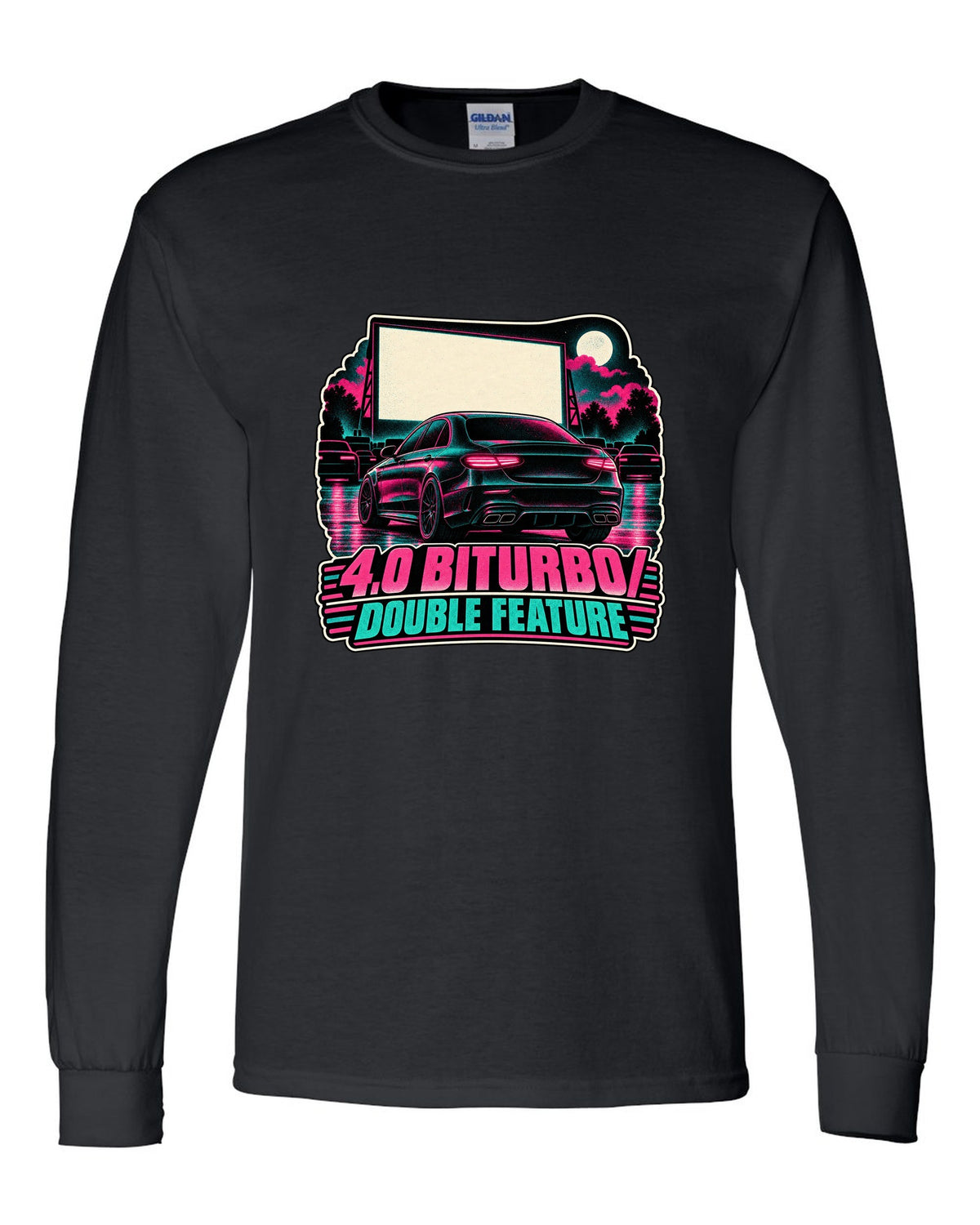 Risograph halftone drive-in poster graphic for a Mercedes E63 W213 4.0 biturbo, print black long sleeve front view with the design