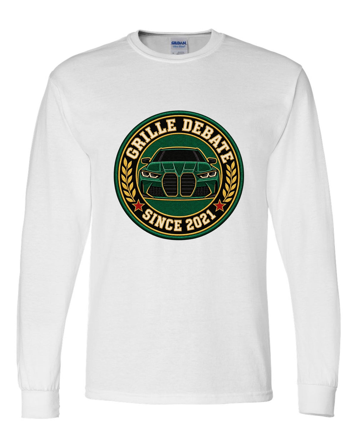 BMW G80 M3 varsity crest print with grille debate since 2021 text white long sleeve front view with the design